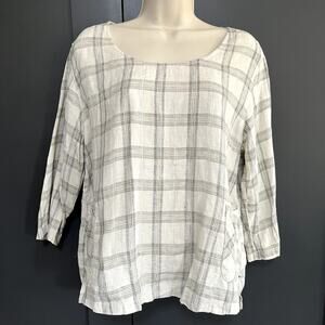 Kleen 100% Linen 3/4 Sleeve Plaid Top Boxy Cut High Low Minimalist Womens M